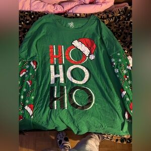 Festive Green Long Sleeve Tee with Santa Hat Accents